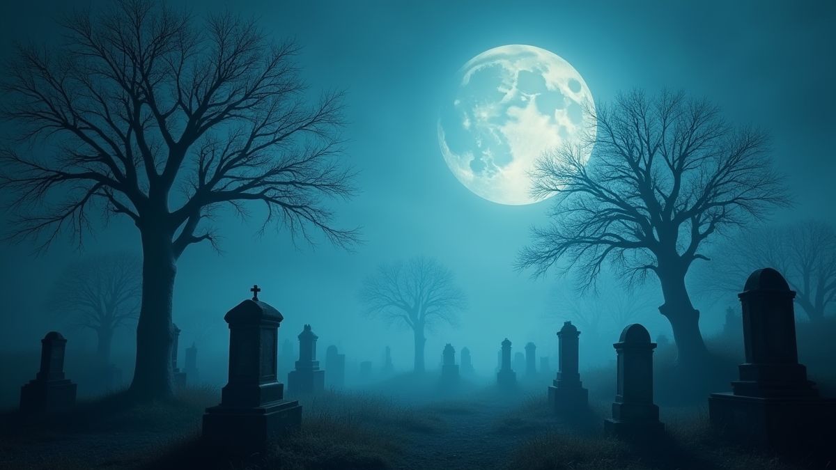 Graveyard iluminado por la luna con árboles esqueléticos.