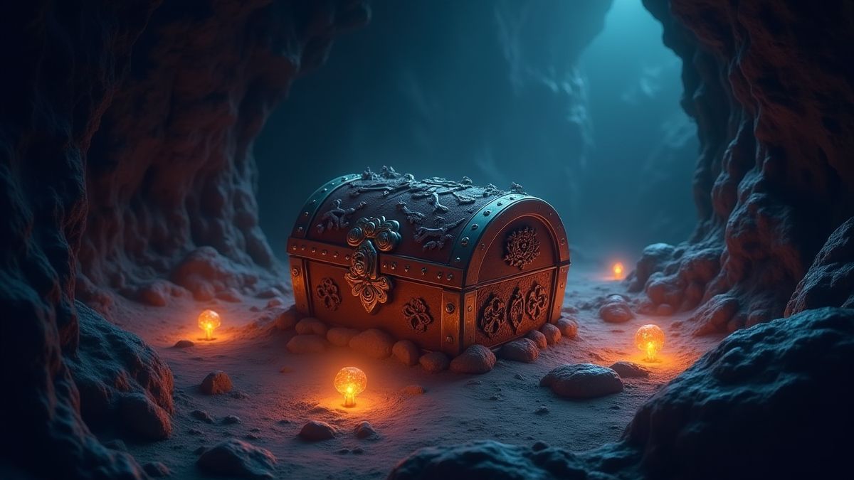 Cofre del tesoro rodeado de orbes brillantes en una cueva embrujada.