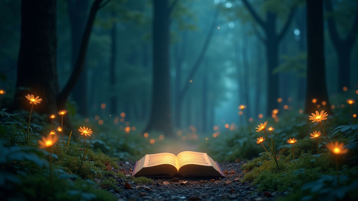 Ein mystischer Wald mit leuchtenden Blumen und einem magischen Buch auf dem Boden.