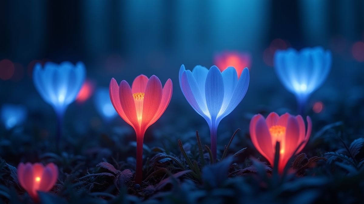 Leuchtende blaue und rote Blumen in einer magischen Waldumgebung.