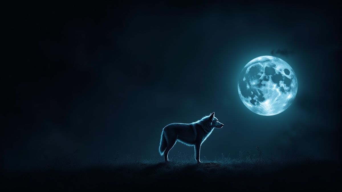 Símbolos brilhantes de lobo e lua cheia sobre um fundo escuro.