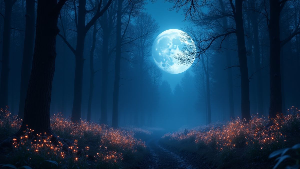 Un bosque iluminado por la luna con flores brillantes.