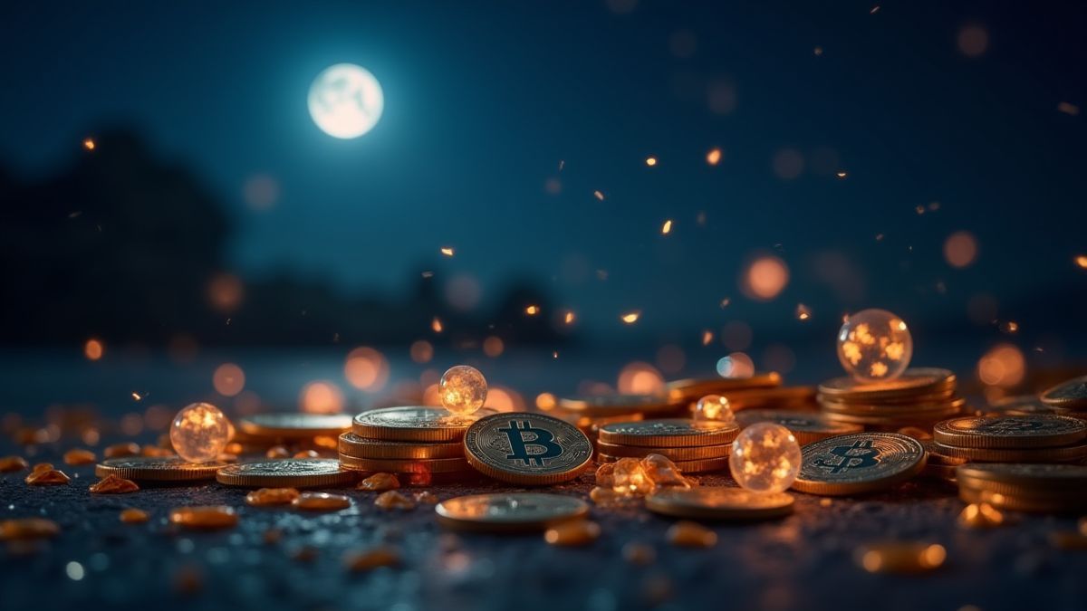 Monedas y símbolos brillantes bajo la luz de la luna.
