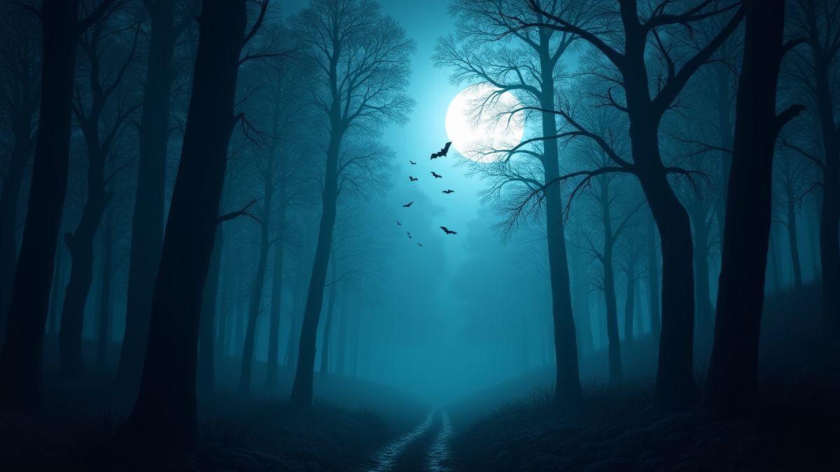 Ein düsterer Wald in der Nacht mit Fledermäusen und Mondlicht.
