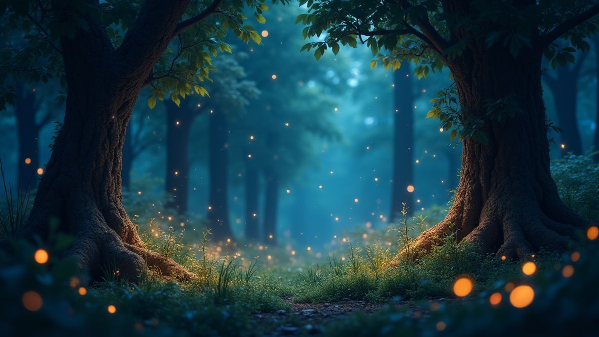 Un bois magique illuminé par des lucioles et des lumières brillantes.
