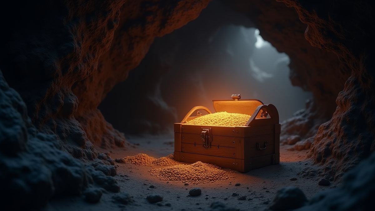 Un coffre au trésor illuminé dans une caverne mystique et sombre.