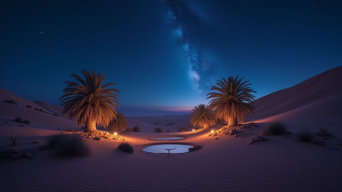 Mystical desert under a starry sky.