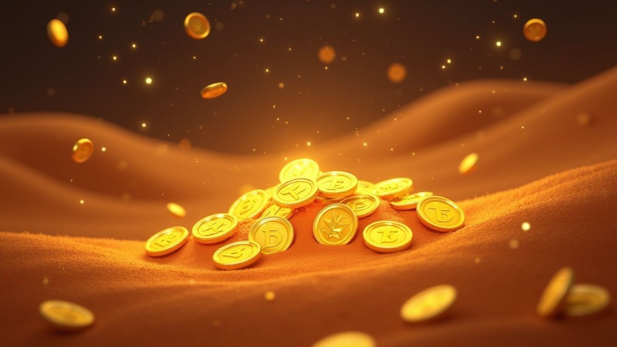 Golden coins shining on desert dunes.