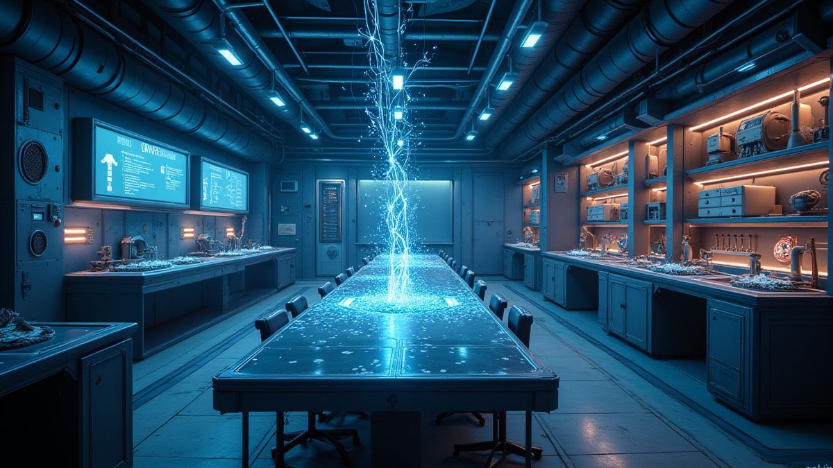 Futuristic laboratory filled with electrical sparks and machines.