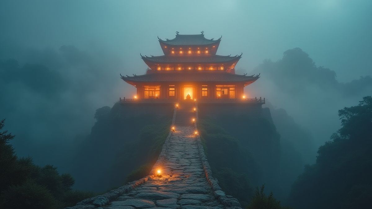 Ein strahlender antiker Tempel, umgeben von Nebel.