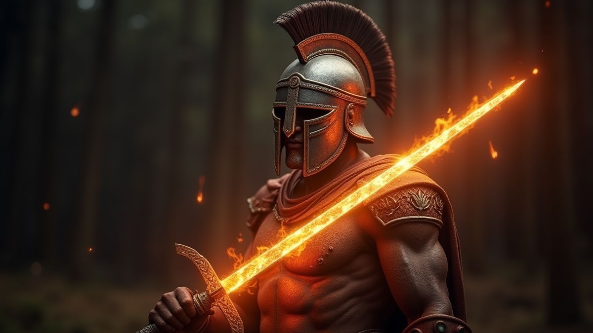 Ein Kriegerhelm und ein Schwert, das mit antiker Energie strahlt.