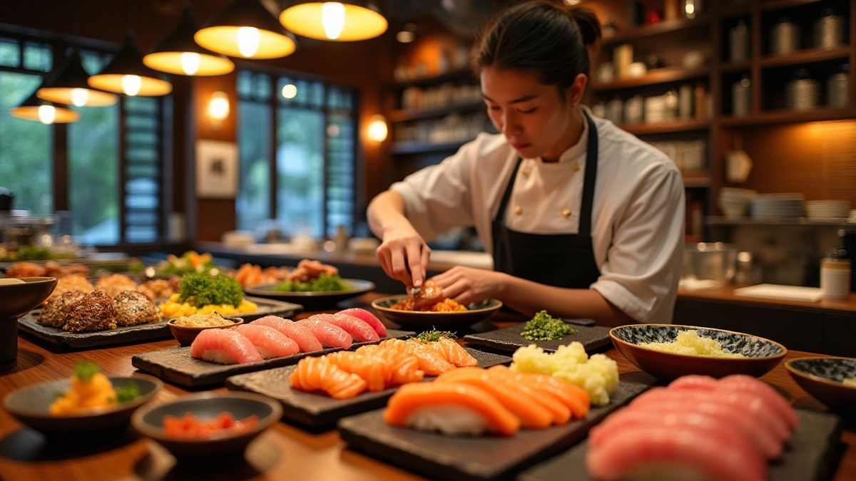 Interior de um restaurante japonês com sushi e um chef cozinhando.