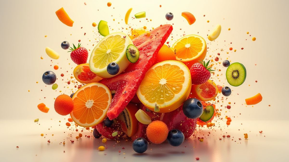 Explosão de frutas cortadas com cores vibrantes e ação dinâmica.