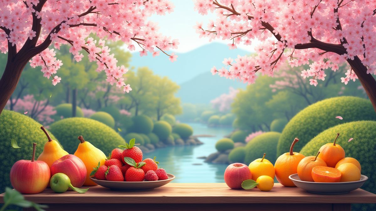 Un jardin japonais avec des fleurs de cerisier et des fruits frais.