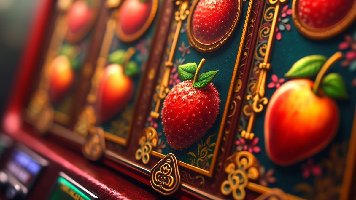 Interface d'une machine à sous avec des symboles de fruits et un design oriental.
