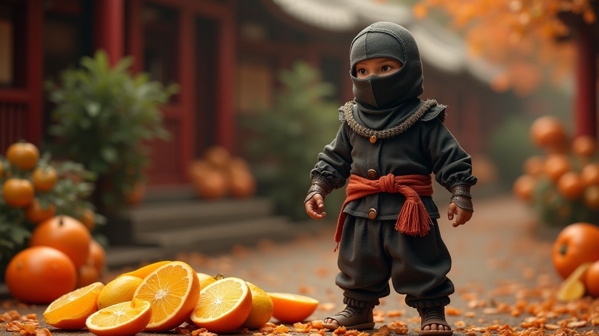 Un ninja victorieux à côté de fruits tranchés dans un cadre oriental.