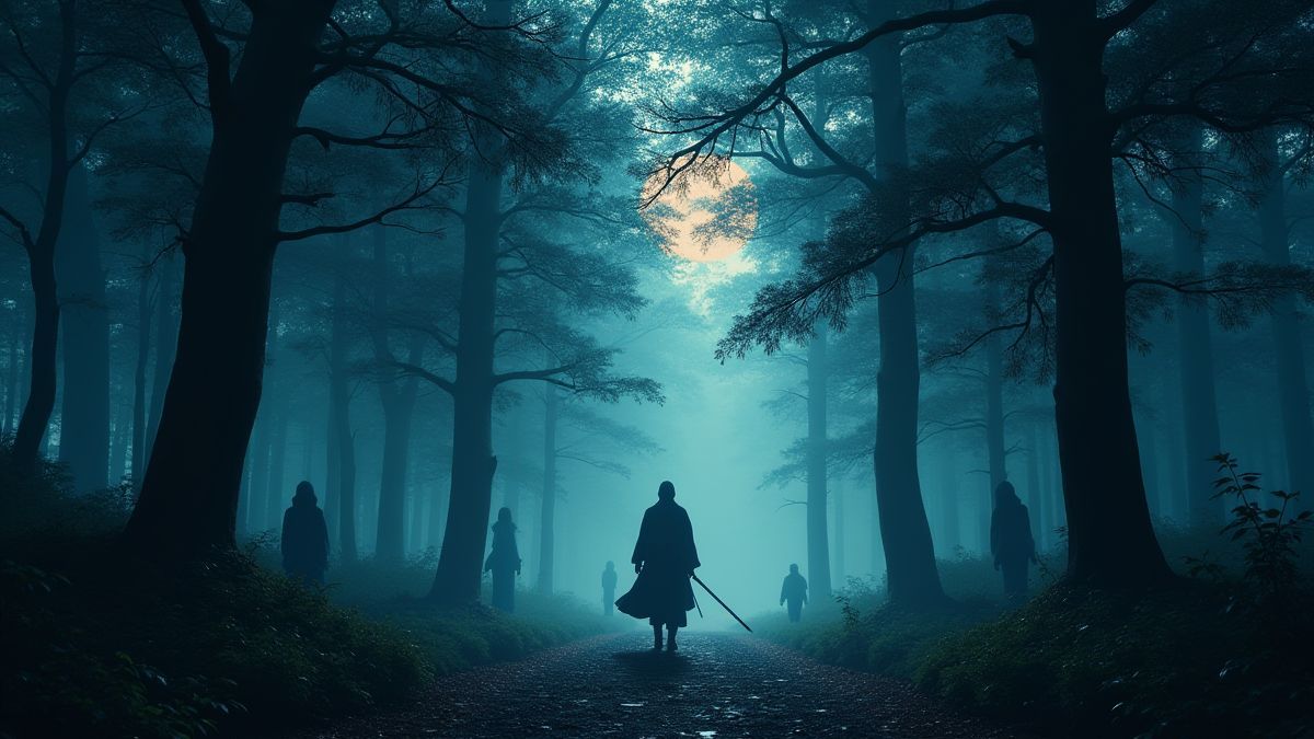 Mystical Japanese forest with glowing lights and shadows of ninjas.