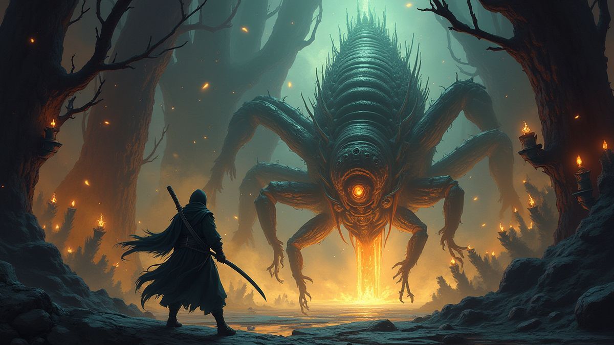 Ninja fighting magical insects in a glowing temple.