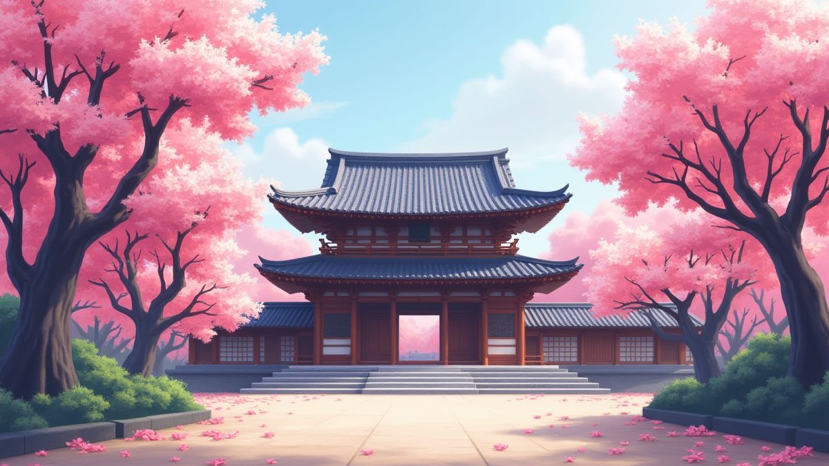 Árboles de cerezo rodeando un dojo japonés.