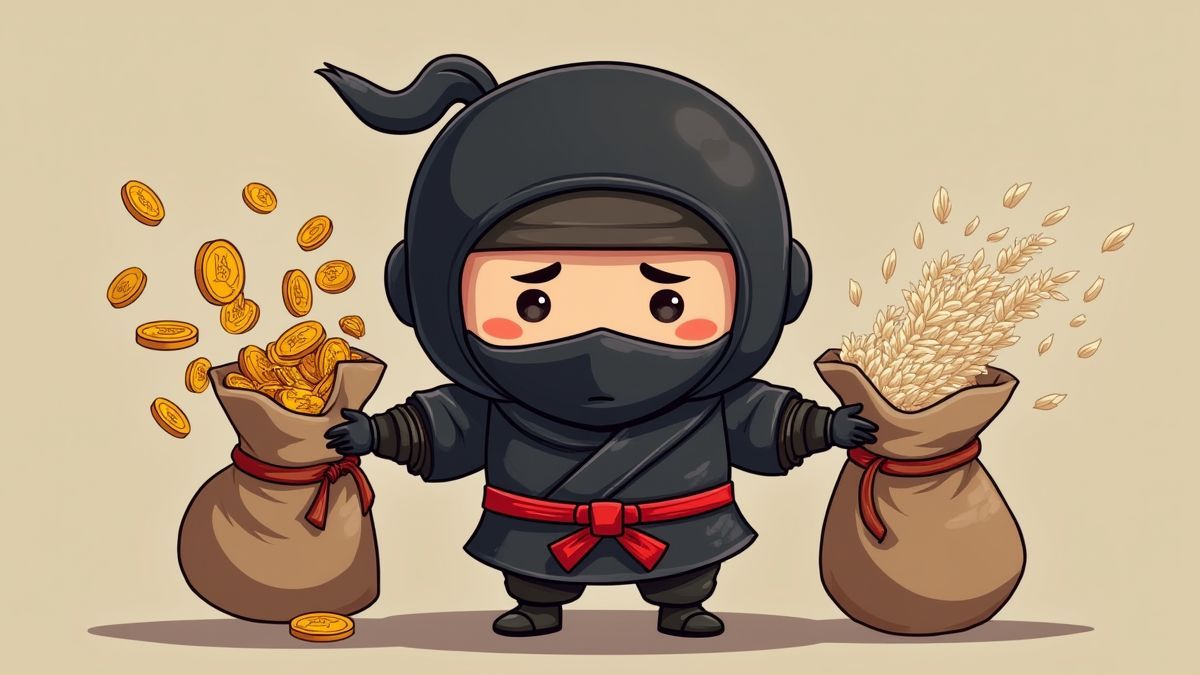 Un ninja sosteniendo sacos, uno con monedas de oro y otro con arroz.
