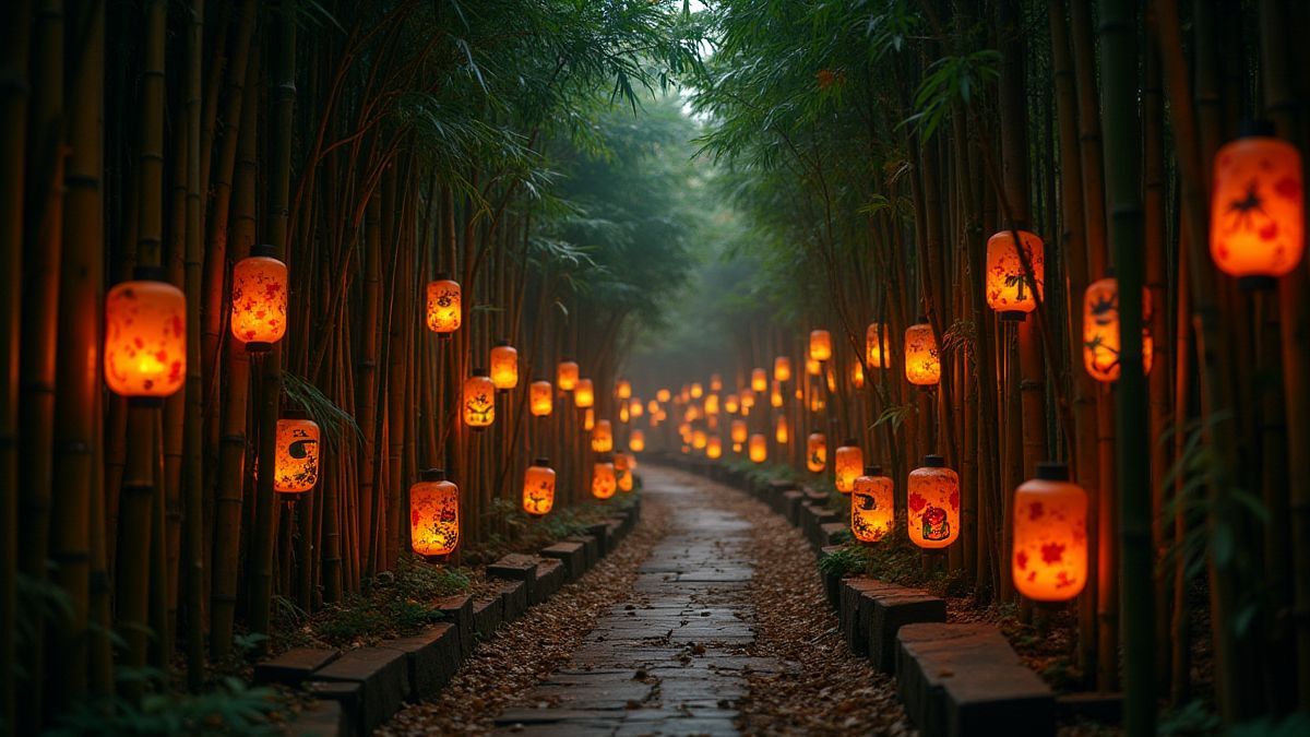 Un bosque de bambú con farolillos brillantes y decoraciones de temática ninja.