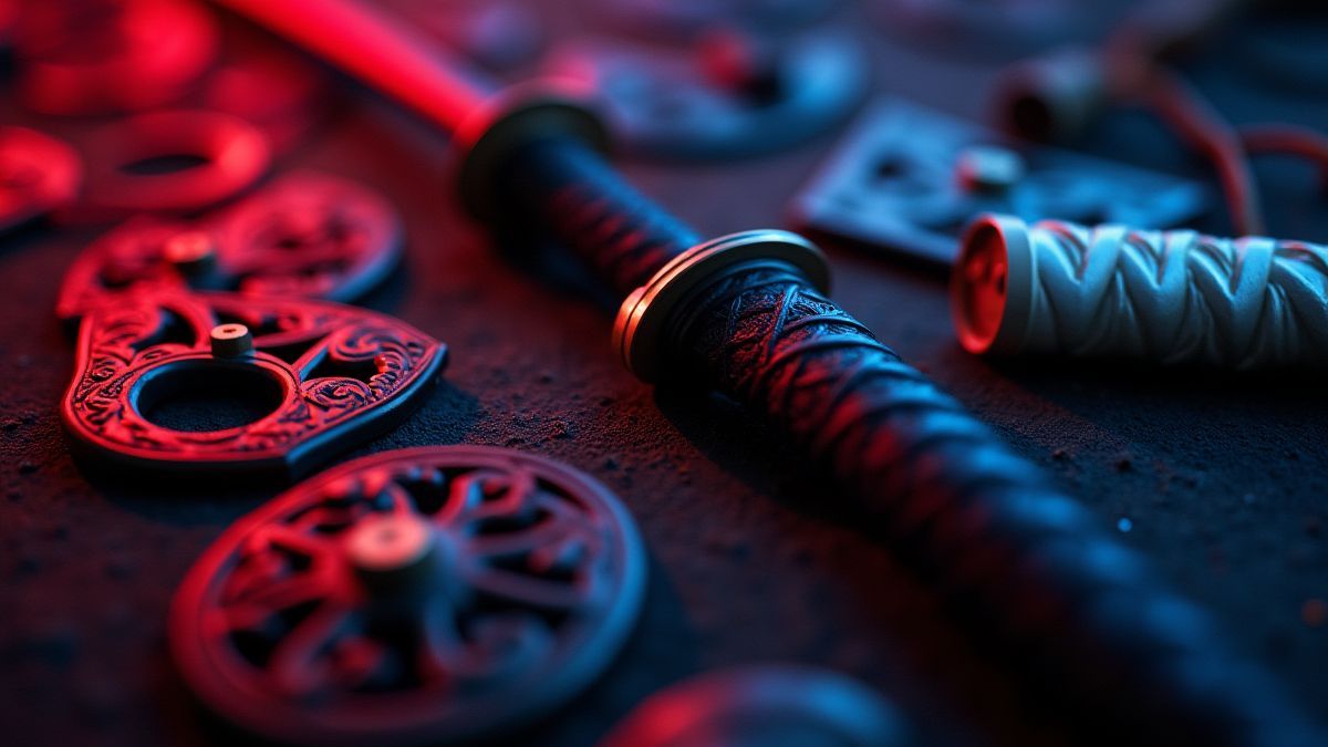 Armas ninja como shurikens y katanas bajo una iluminación vibrante.