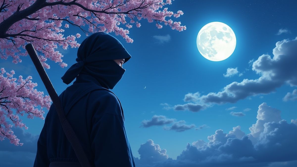 Silueta de un ninja bajo un cielo iluminado por la luna con cerezos de fondo.