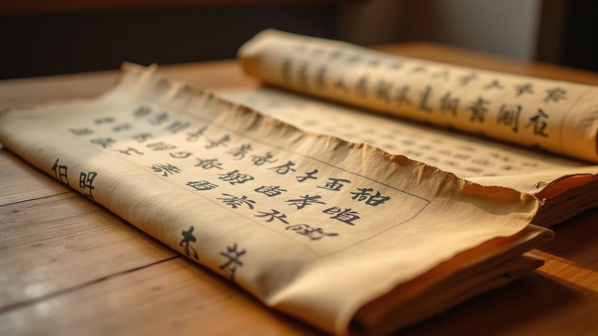 Pergaminos antiguos con escritura japonesa sobre una mesa de madera.