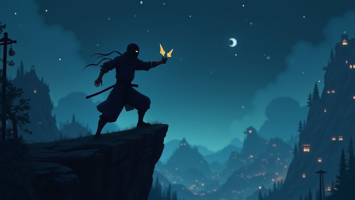 Ein Ninja wirft Shurikens von einem Kliff in der Nacht.