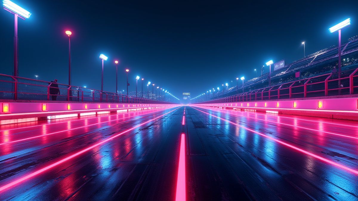 Racing circuit illuminated with neon lights.
