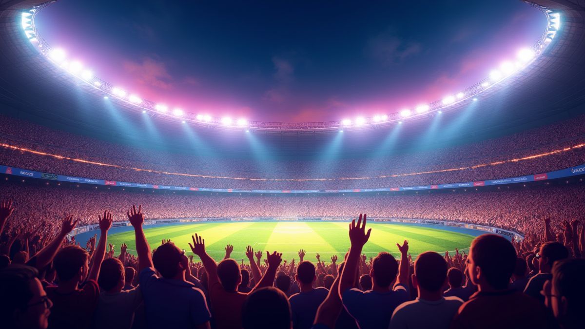 Animated stadium filled with fans cheering under vibrant lights.