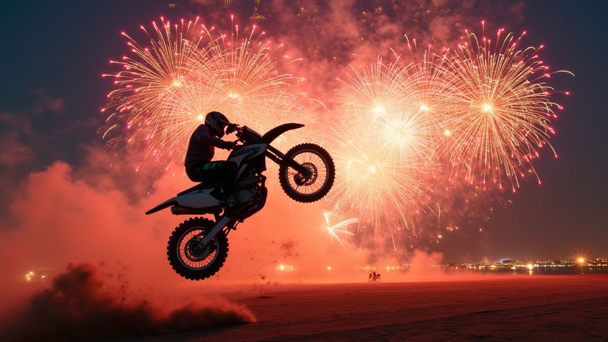 Stunt vehicles performing tricks in mid-air with fireworks in the background.