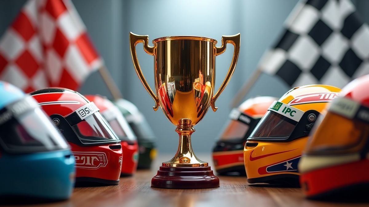 Shiny trophy surrounded by racing helmets and checkered flags.