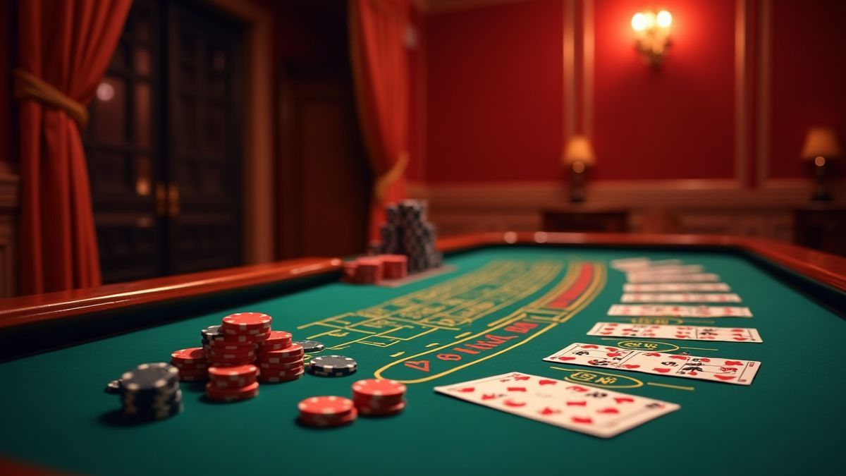 Mesa de baccarat com fichas e cartas