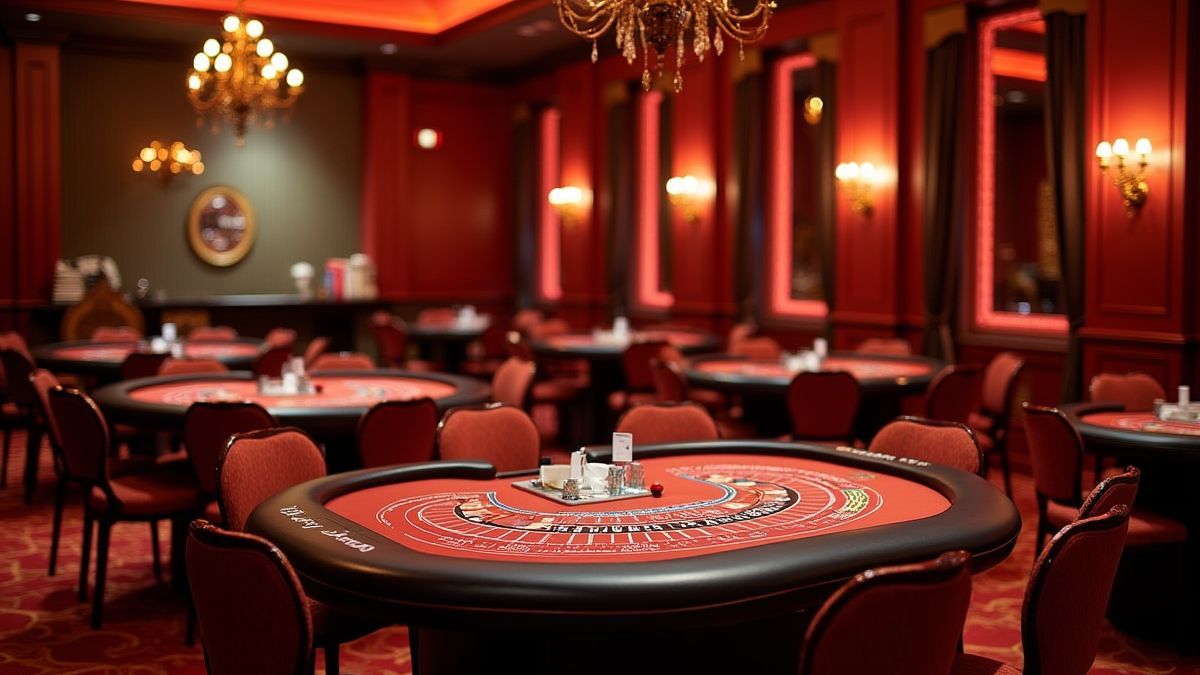 Ambiente de casino com mesas de baccarat