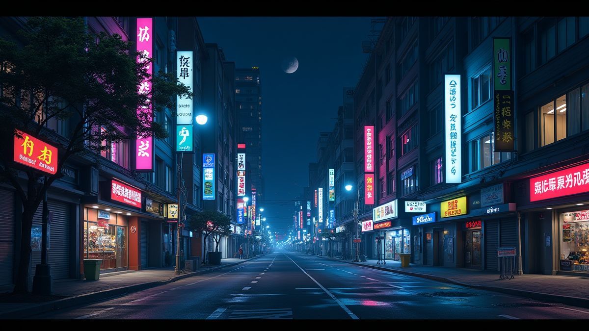 Eine Stadt bei Nacht mit Neonlichtern und leeren Straßen.