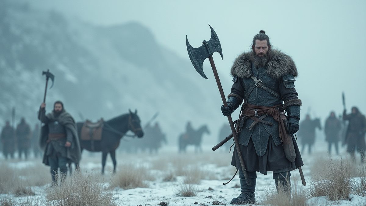 Viking warrior with an axe in a snowy field.