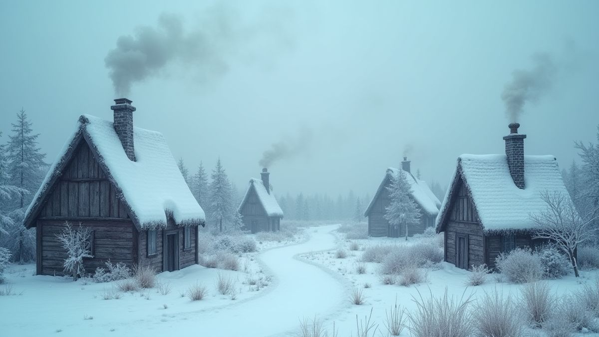 Snowy Viking village with smoke coming from the chimneys.