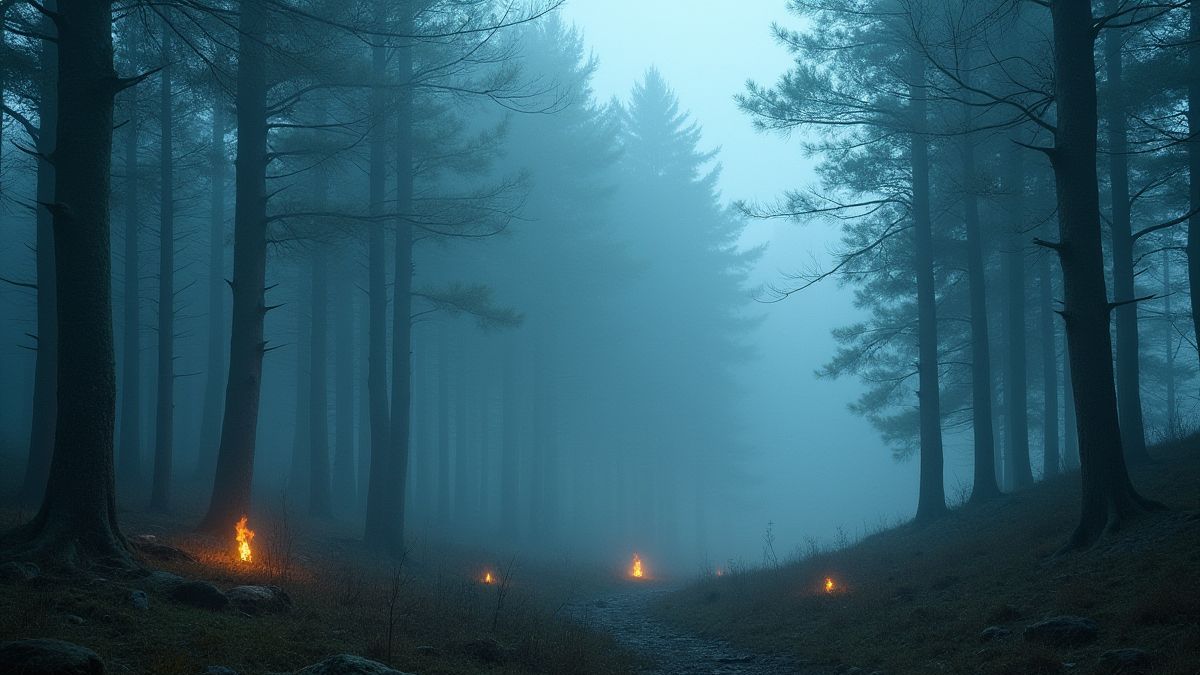 Une forêt nordique pleine de brouillard et de runes brillantes.