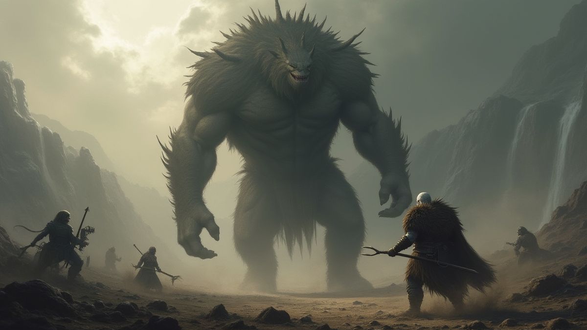 Un guerrier nordique luttant contre un monstre sombre dans une bataille épique.