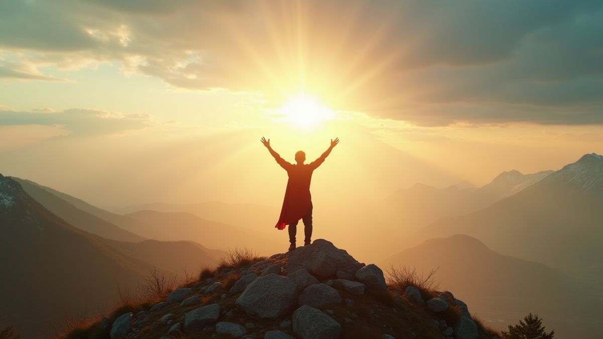 Un héros nordique victorieux au sommet d'une colline avec une lumière éclatante.