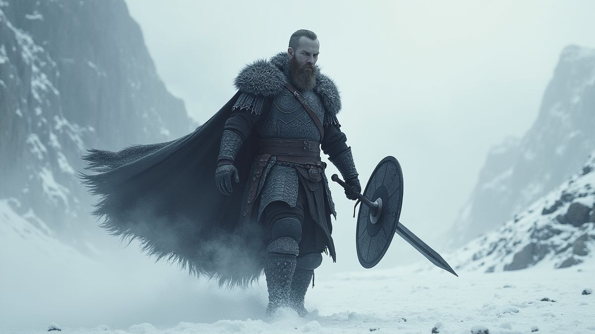 Guerrero vikingo en un paisaje nevado.