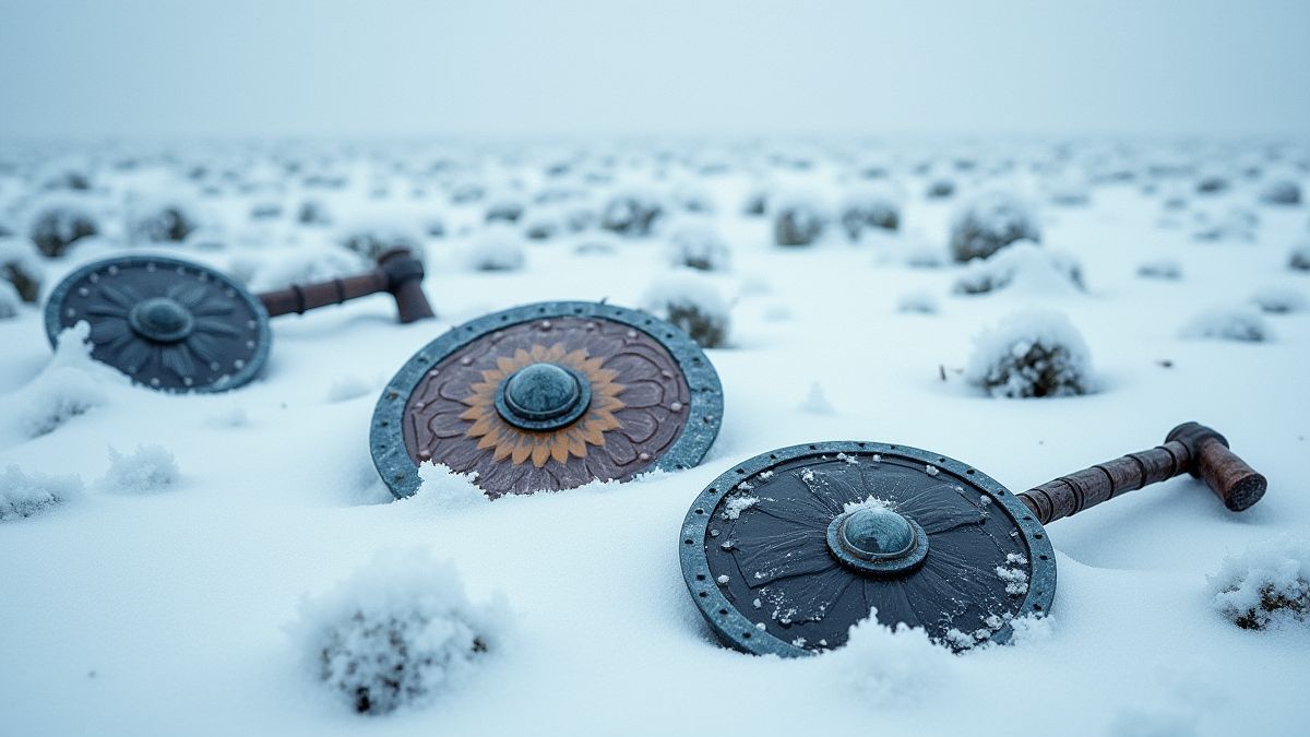 Eine gefrorene Tundra mit im Schnee verstreuten, von Wikingern inspirierten Schilden und Äxten.