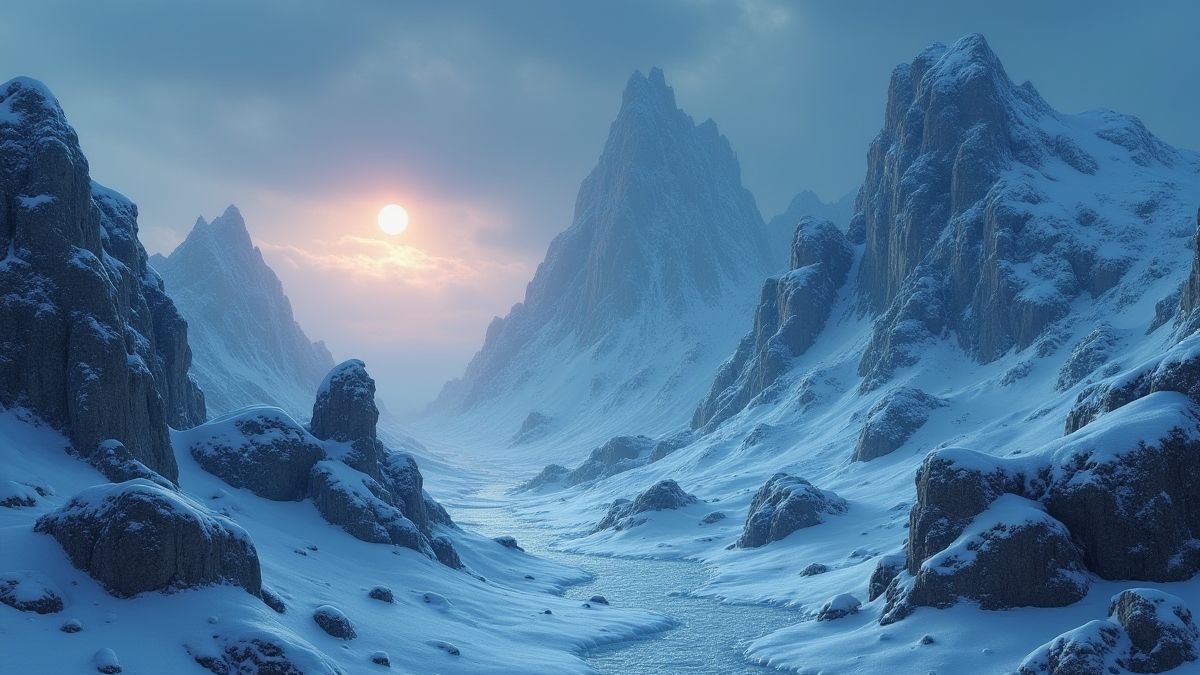 Paisaje nórdico con montañas nevadas y runas brillantes.