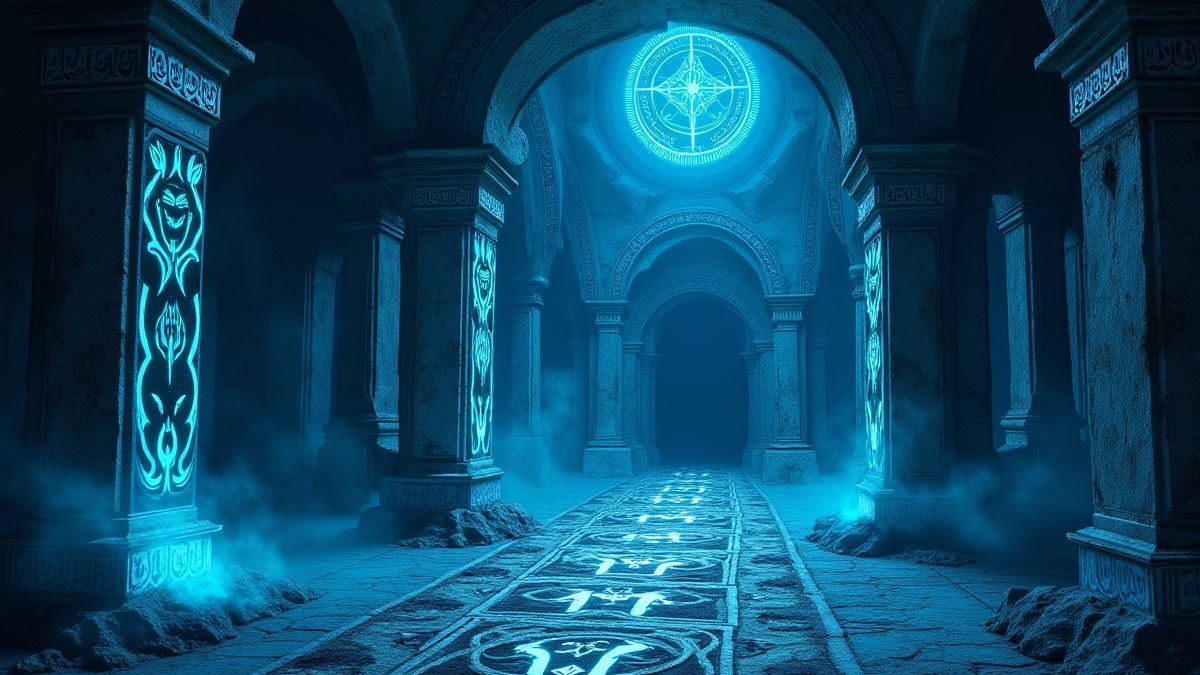 Interior de un templo nórdico con runas azules brillantes.