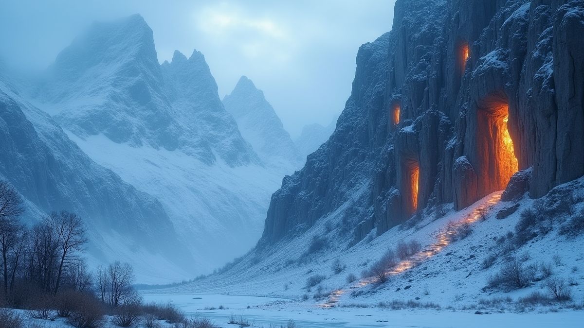 Montañas nevadas con runas nórdicas brillantes talladas en los acantilados.