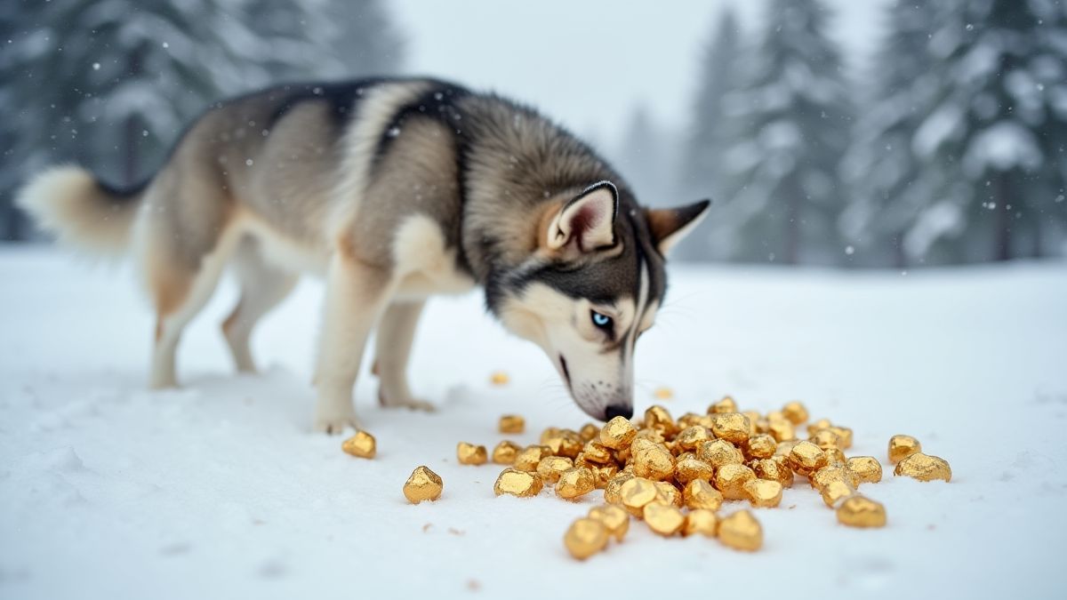 Pepitas de oro en la nieve junto a un husky explorando.