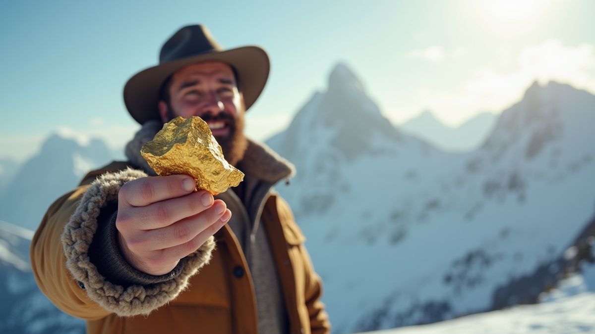 Un prospector sosteniendo una pepita de oro con montañas nevadas de fondo.