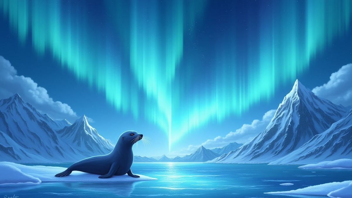 Aurora boreale sur des montagnes enneigées avec une phoque jouant.