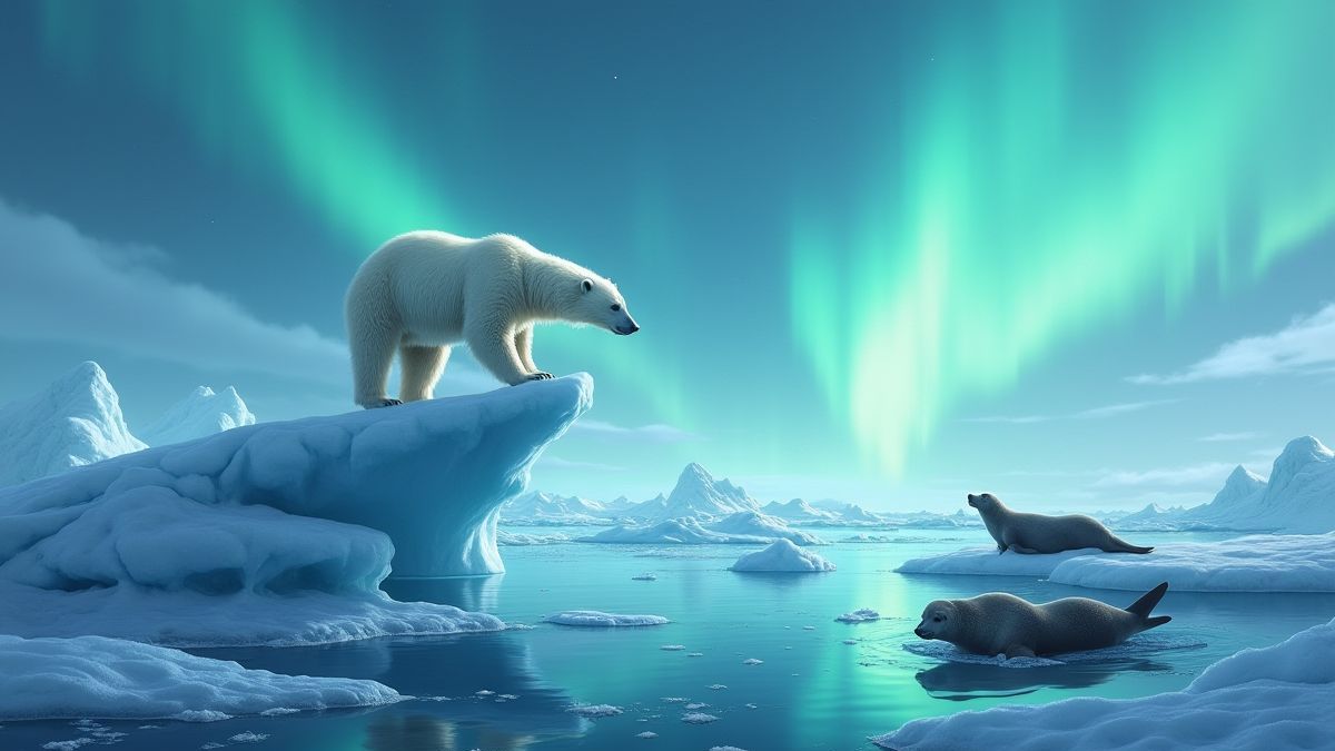 Ours polaire sautant sur des plateformes de glace sous des aurores éclatantes.